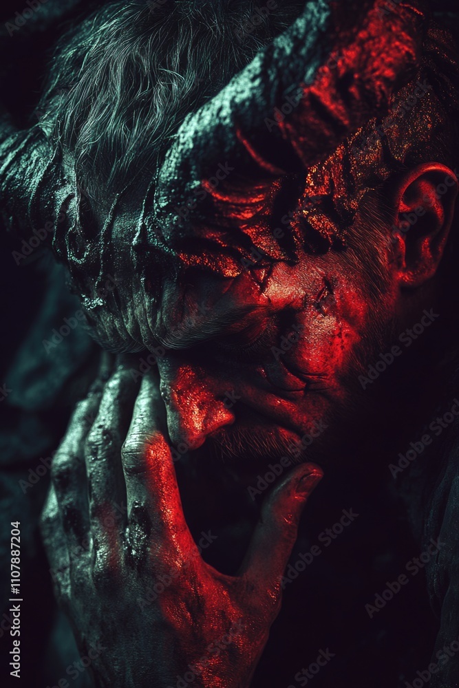 Poster a person with a bloody face in a close-up shot, suitable for use in scenes depicting violence or tra