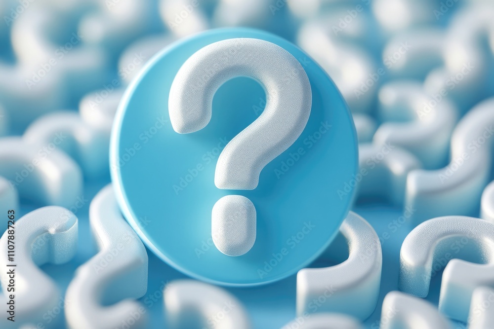 Poster a stylized representation of a blue question mark surrounded by white question marks, perfect for us