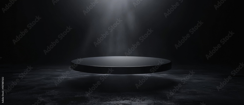 Poster black and white photograph of a round, circular object in the center of a dark room. the object appe