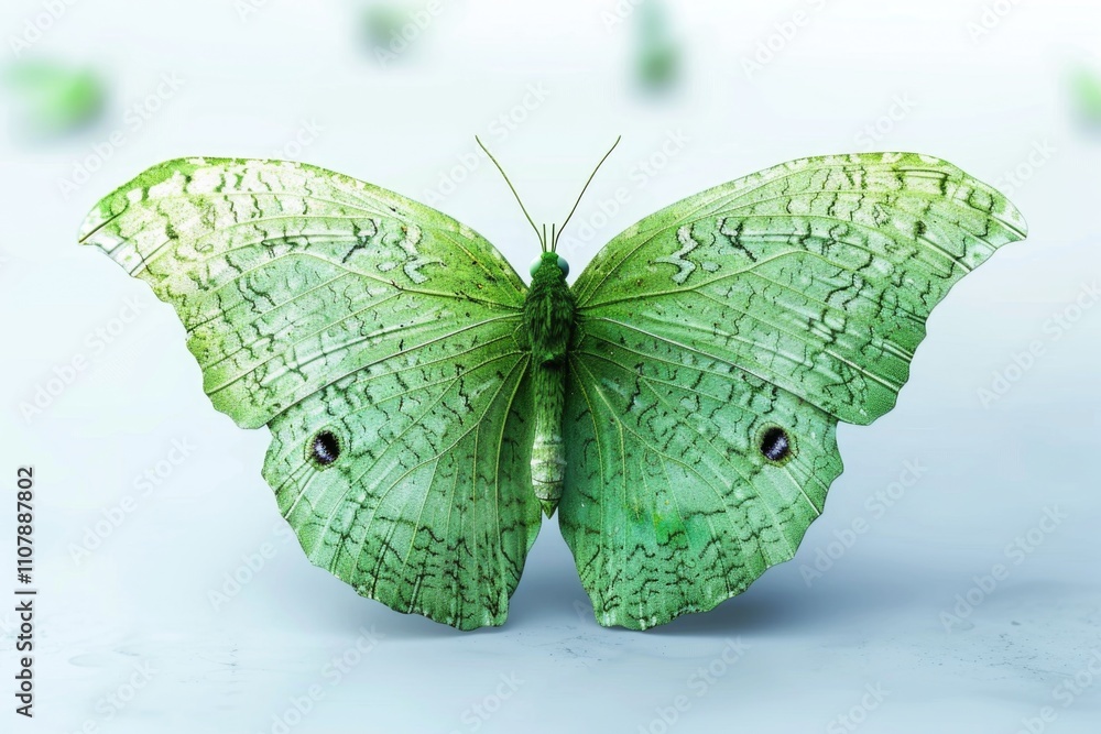 Poster a single green butterfly sits on a smooth white surface, ready for capture