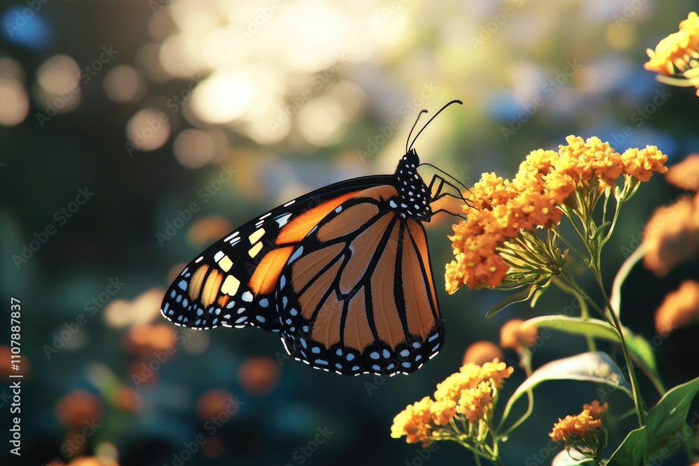 Poster a close-up view of a butterfly sitting on a colorful flower