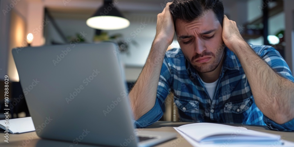 Poster a person sitting at a desk with a laptop computer