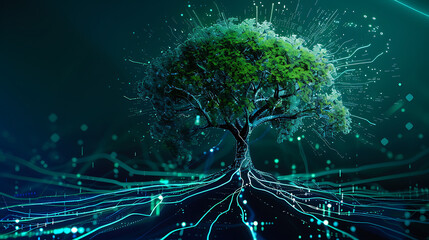 With growing internet startups, green trees growing from networks of data and information.  high resolution image