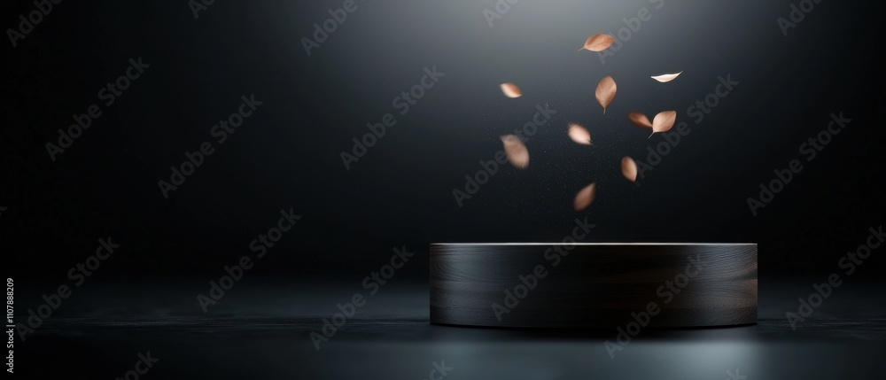 Aufkleber dark and moody scene with a black background. in the center of the image, there is a round wooden ob