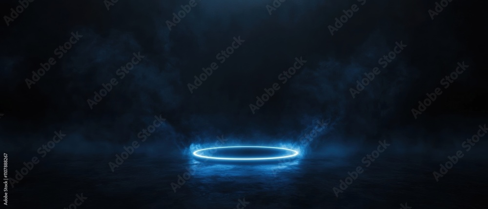 Poster dark and mysterious scene with a bright blue circle in the center. the circle is glowing and appears