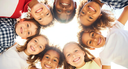 A joyful group of children forms a circle, smiling brightly under a sunny sky