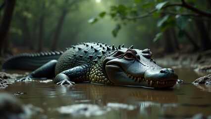 Fototapeta premium An alligator basking by the water’s edge in a swampy environment. Its powerful, armored body contrasts with the peaceful, murky waters, showcasing its dominance in nature.