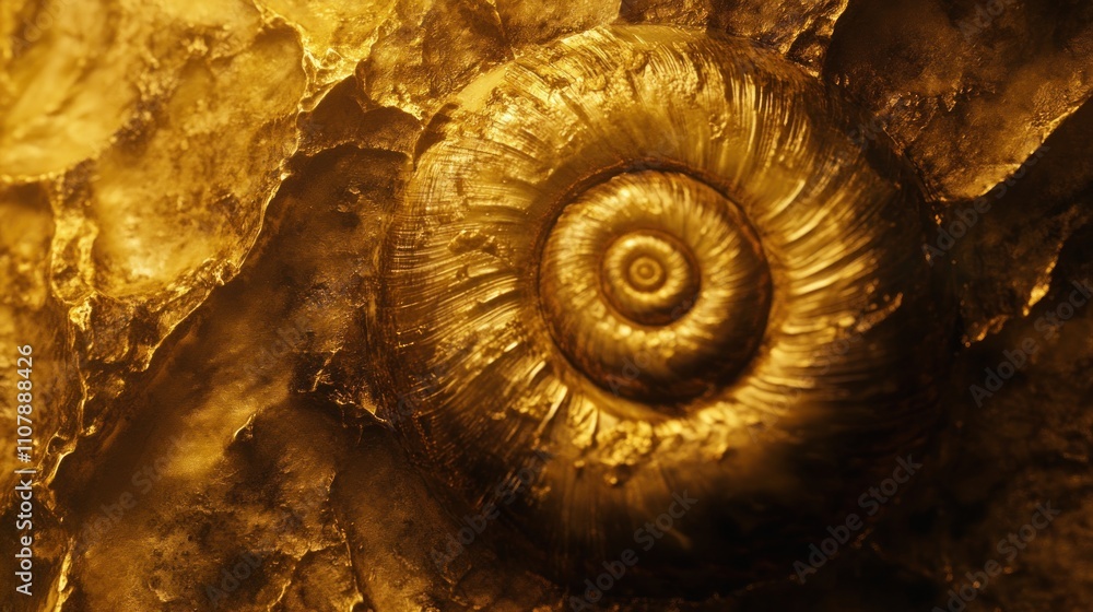 Poster golden snail shell embedded in gilded rock