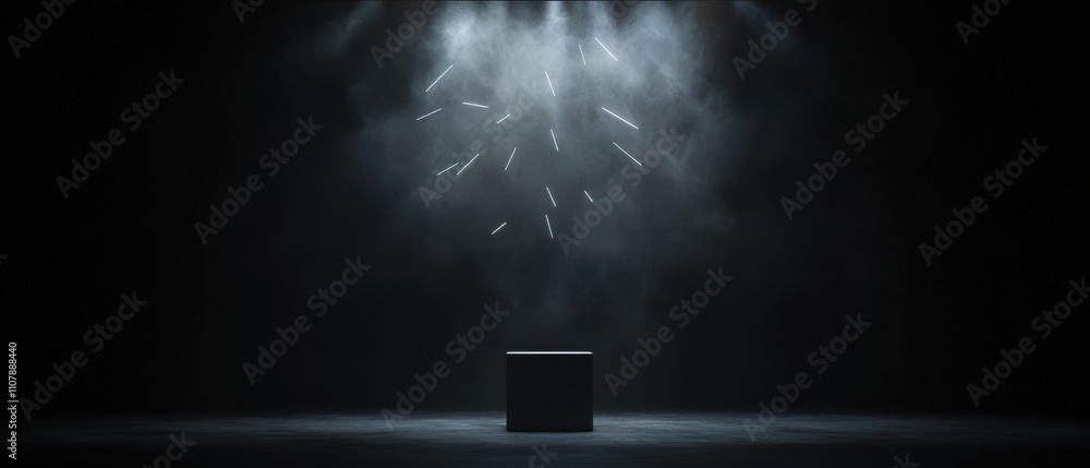 Aufkleber black and white photograph of a square-shaped object in the center of a dark room. the object appear