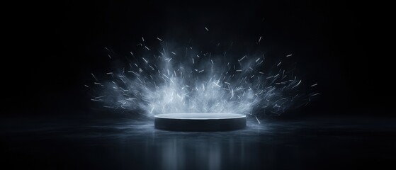 Black and white photograph of a circular object in the center of a dark room. the object appears to be a stage or a podium, with a round base and a flat top.