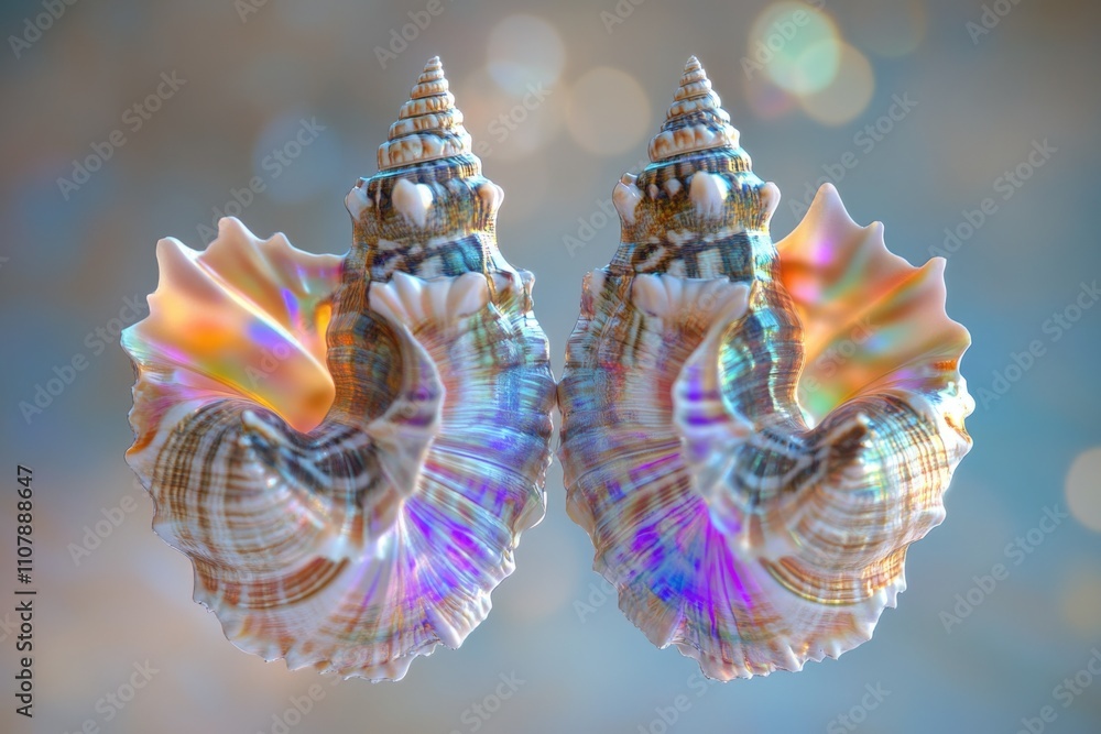 Poster a pair of seashells against a blue background, ideal for decorating a room or creating a coastal the