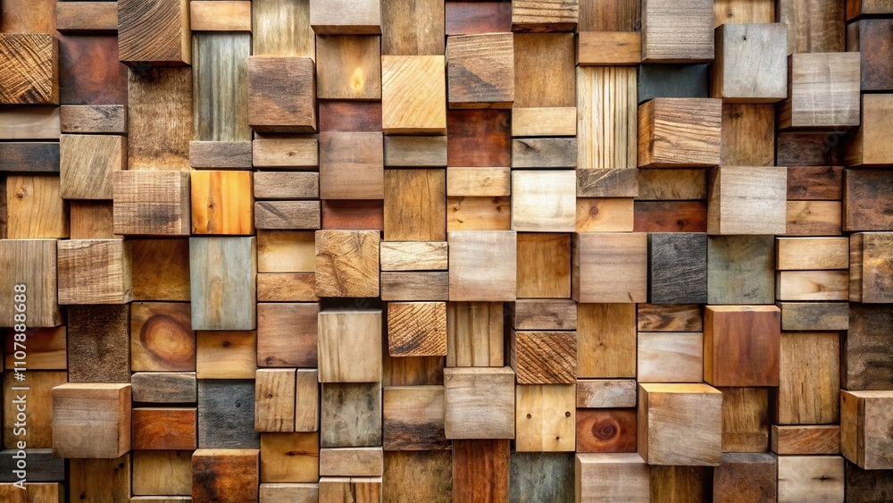 Aufkleber A Rustic Wall Constructed of Irregularly Sized Wooden Blocks, Each with Unique Grain Patterns and Colors