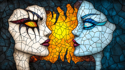 Two stylized faces, one dark and one light, positioned facing each other with a vibrant fire in between, depicted in a mosaic art style.