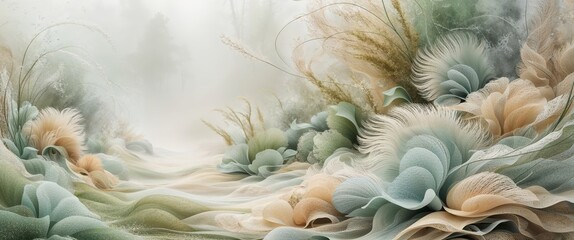 Serene Floral Wall Mural in Soft Greens and Beige Tones