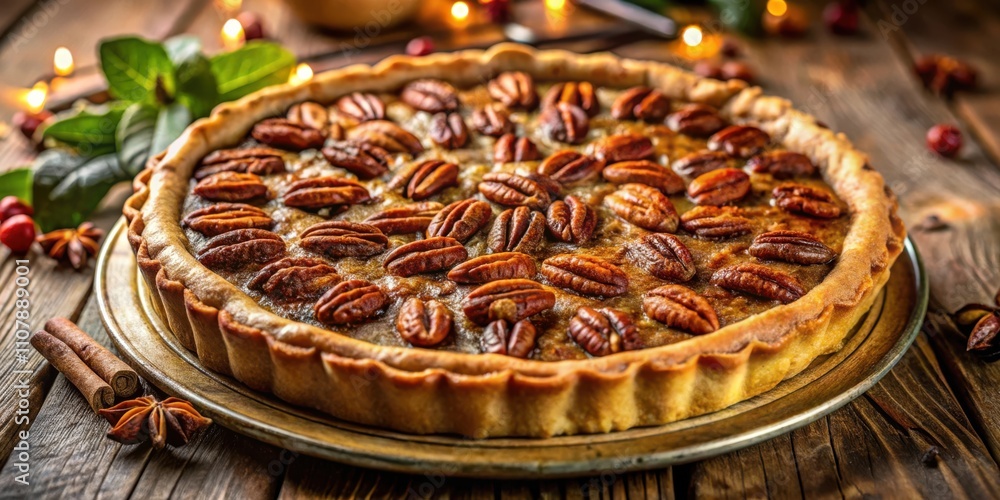 Poster a delicious pecan pie with a flaky crust and toasted pecans, ready to be served on a wooden table
