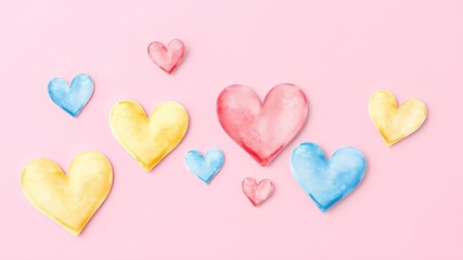 Fototapeta premium Delicate pastel hearts in pink, yellow and blue painted with watercolours on a pink background . Valentine's Day cards and greetings.