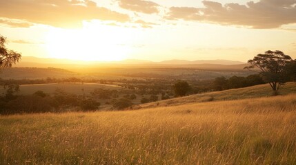 Golden Sunset Over Rolling Hills And Grasslands