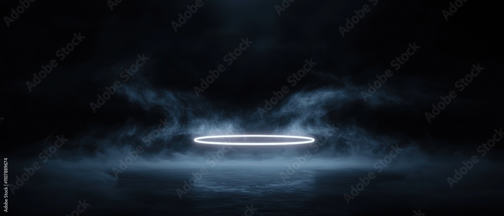 Poster dark and mysterious scene with a bright blue circle in the center. the circle is surrounded by a thi
