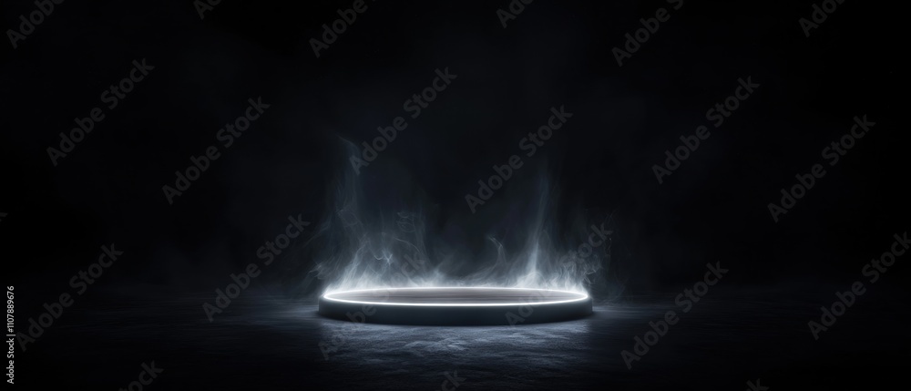 Poster black and white photograph of a circular object in the center of a dark room. the object appears to 