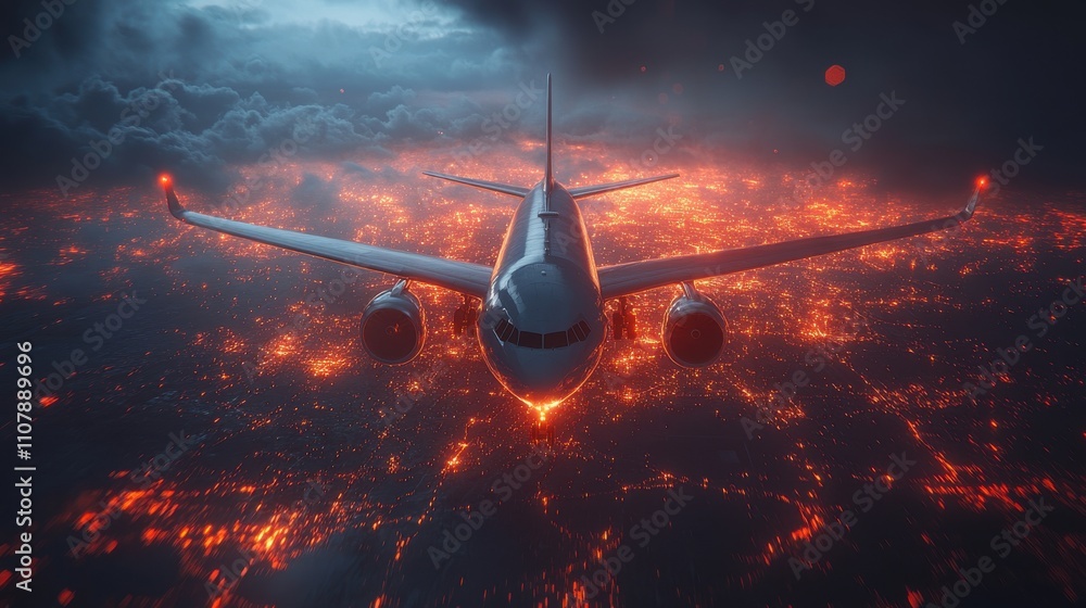 Poster loop animation of aircraft and map navigating 3d rendering