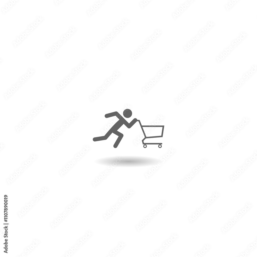 Poster running man pushing shopping cart icon with shadow