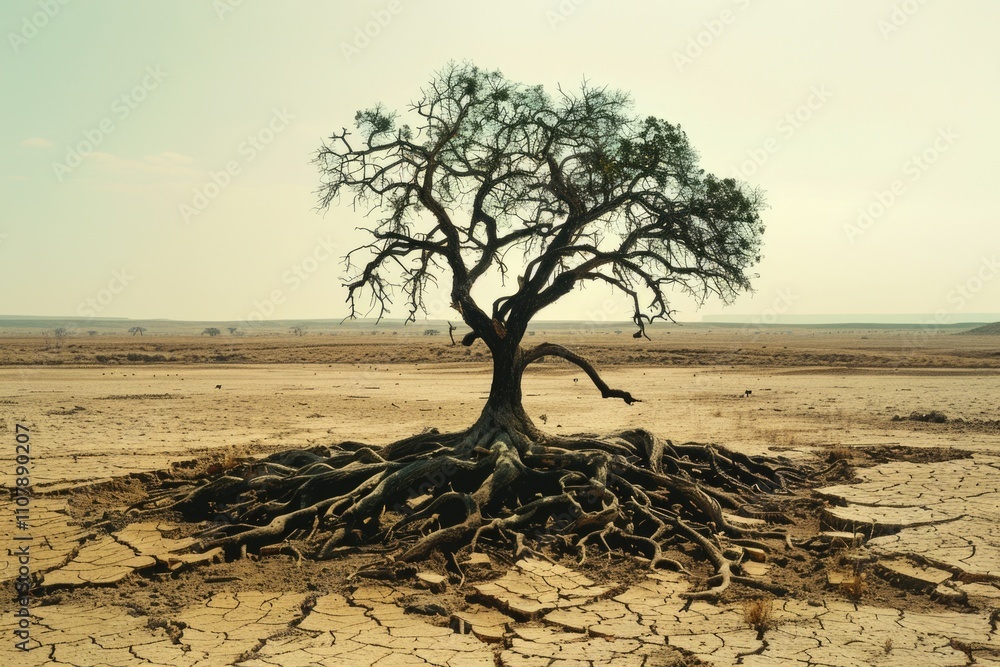 Poster a single tree stands alone in the middle of the desert landscape