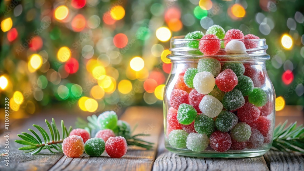Poster a jar of colorful, sugar-coated candies sits on a rustic wooden table with a sprig of evergreen and 