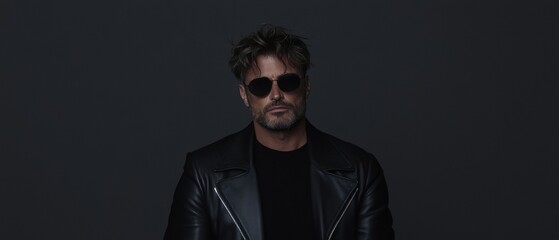 Obraz premium Portrait of a man wearing a black leather jacket and sunglasses. he is standing in front of a dark grey background and is looking directly at the camera with a serious expression on his face.