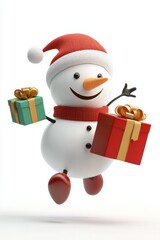 Snow man running to delivery christmas gifts, cute, 3d, cartoon character, white background.