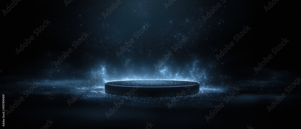 Poster dark and mysterious scene with a circular object in the center. the object appears to be a stage or 
