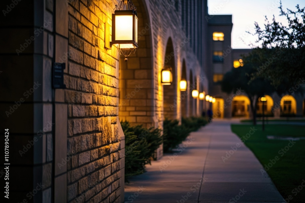 Poster Exterior view of a brick building with a row of lights on the side, suitable for use in urban or architectural scenes