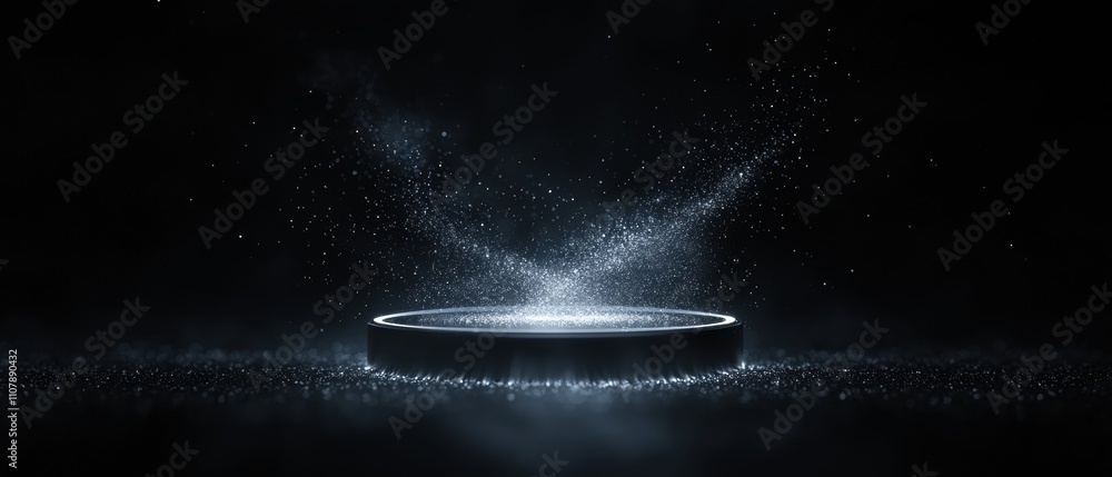 Poster black background with a circular object in the center. the object appears to be a stage or a podium,