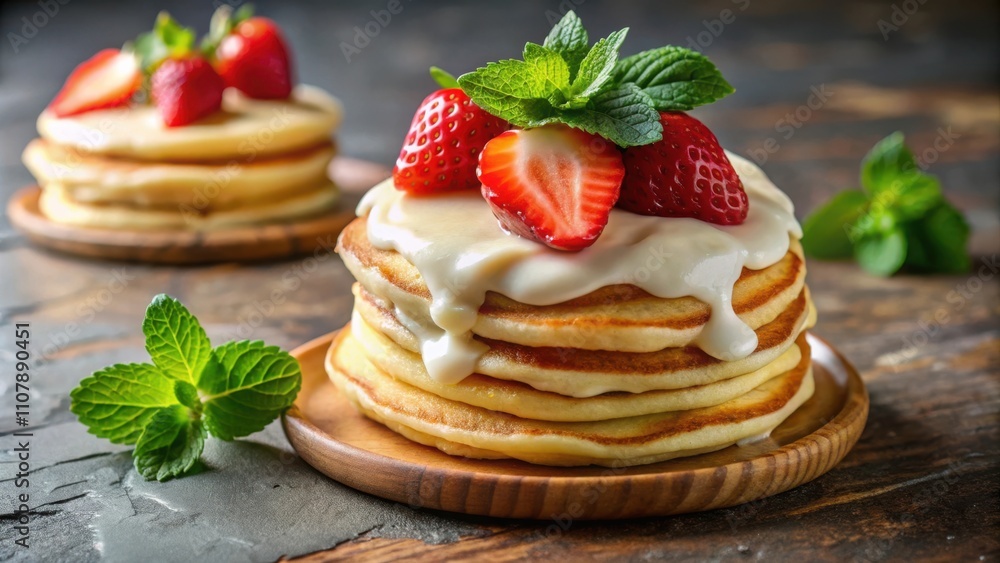 Aufkleber a stack of fluffy pancakes drizzled with white sauce and topped with fresh strawberries and mint lea
