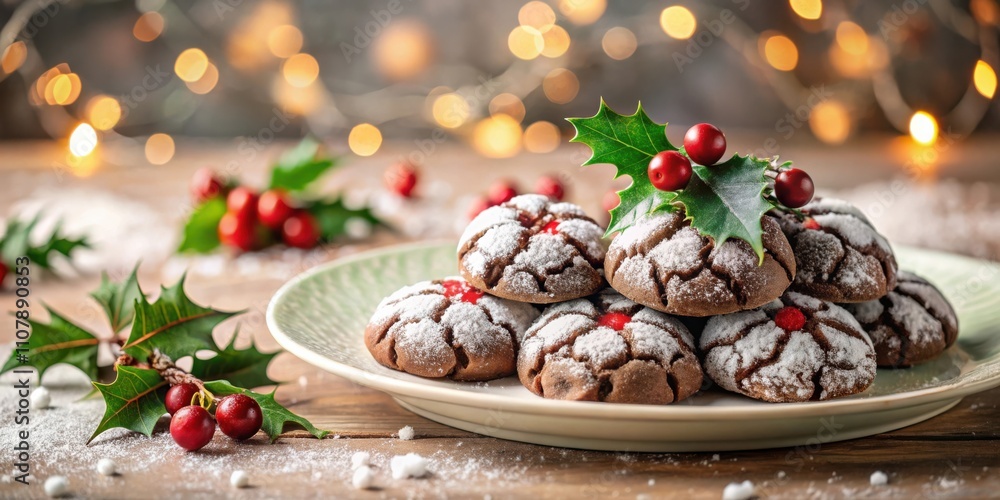 Poster chocolate cookies with powdered sugar and holly berries on a plate with a festive background