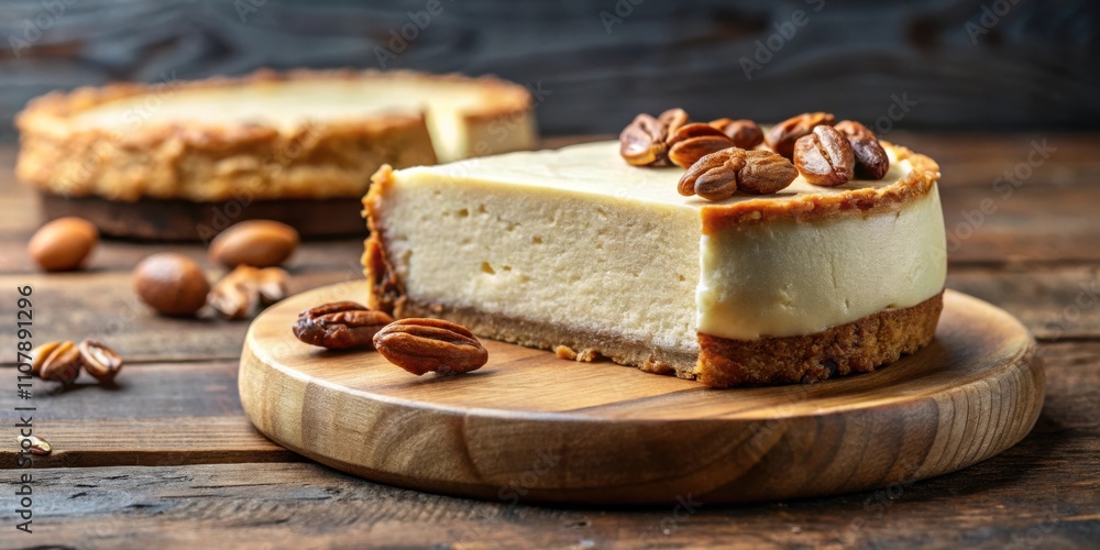 Poster a slice of cheesecake topped with pecan nuts on a wooden board, with a whole cheesecake in the backg
