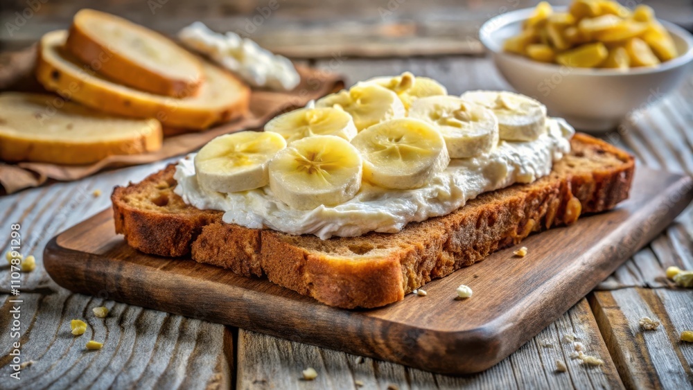 Poster a simple and delicious snack of banana slices on top of a spread of cream cheese on a piece of bread