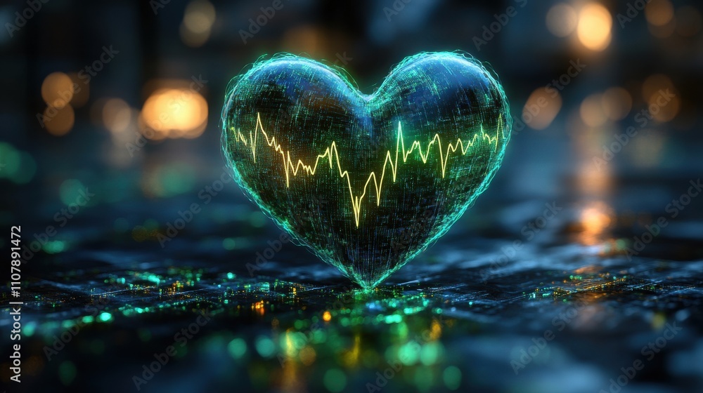 Poster loop animation of heart shape with ecg graph line 3d rendering