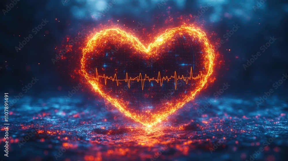 Poster loop animation of heart shape with ecg graph line 3d rendering