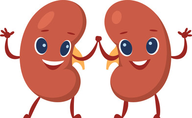 Two cheerful kidney characters promoting health and wellness by holding hands and waving, engaging viewers in learning about renal function and disease prevention