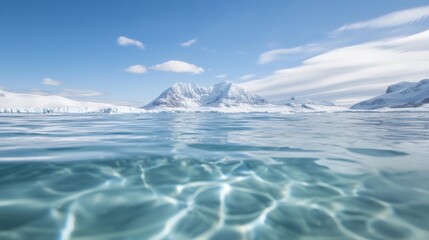 Fototapeta premium Landscape photograph of a vast body of water with a mountain range in the background. the sky is blue with a few white clouds scattered across it.