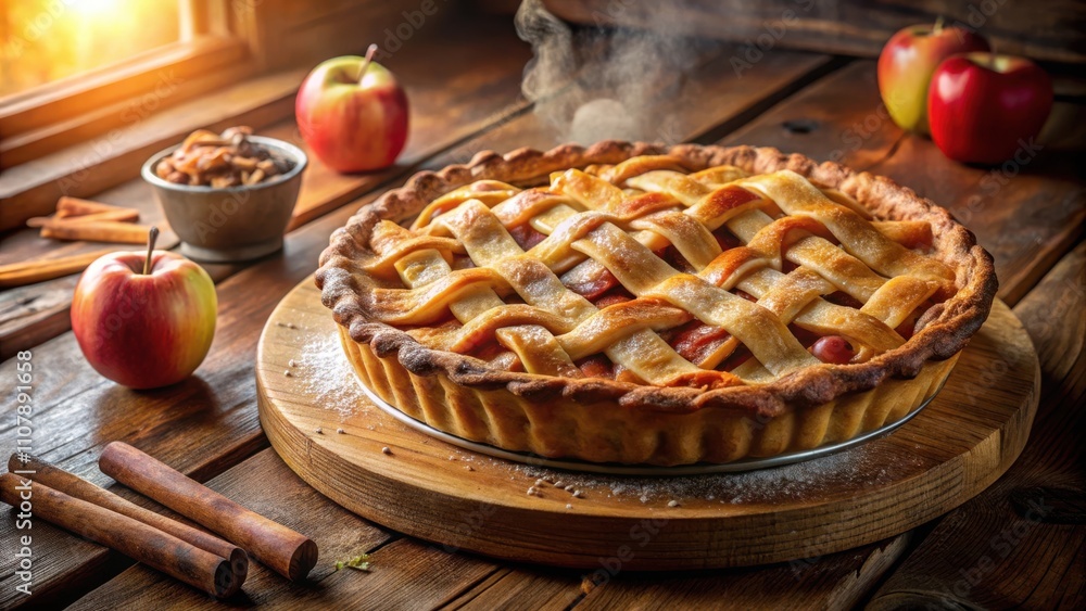 Poster a freshly baked apple pie with a golden crust and a light dusting of powdered sugar, set on a wooden