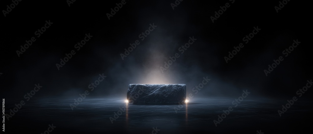 Poster dark and mysterious scene with a large rock in the center. the rock appears to be made of a dark mat