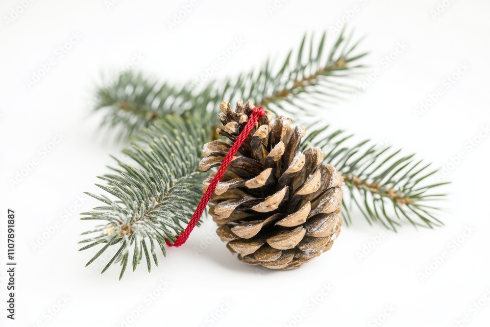Poster a single pine cone with a red string wrapped around it, perfect for illustrating themes of connectio
