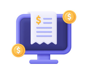 Computer with cash receipt and coins. Business and finance, online payment and banking, invoice bill, transaction concept. 3d vector icon. Cartoon minimal style.