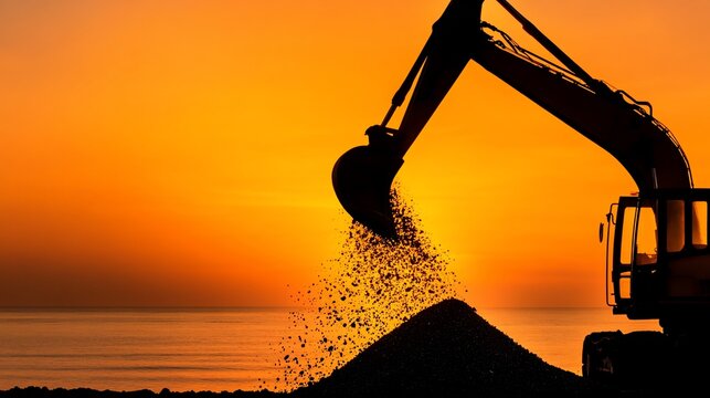 Excavator silhouette at sunset, dumping gravel near ocean.