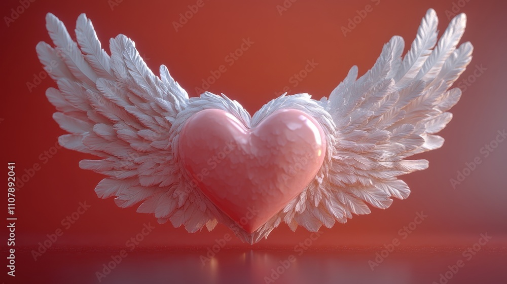 Poster loop animation of love heart flying with wings 3d rendering
