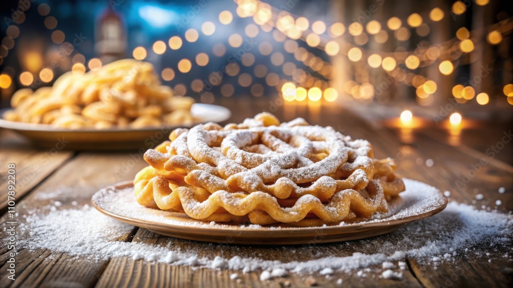 Poster A close-up of a plate of fried dough dusted with powdered sugar, set on a wooden table with a soft-focus background of warm string lights.