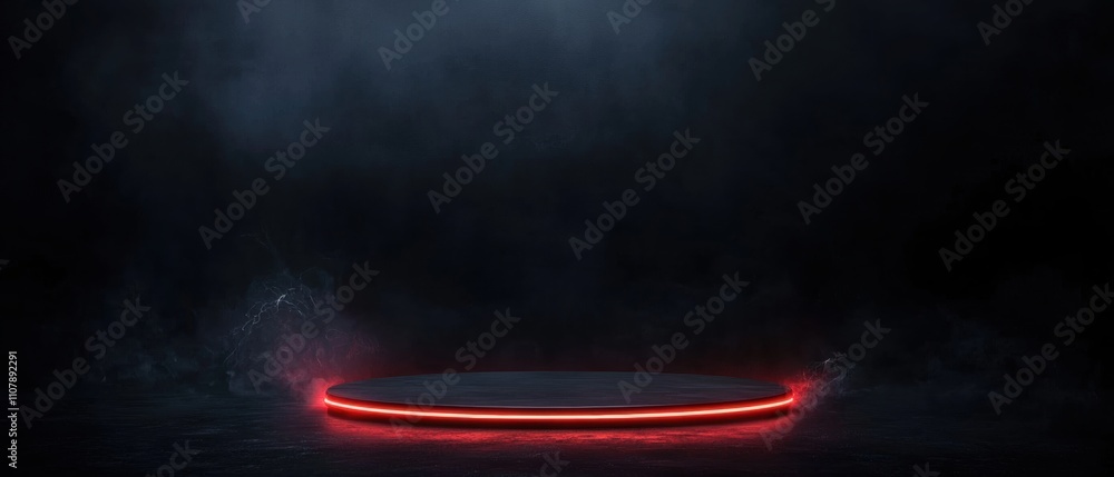 Poster dark and mysterious scene with a circular platform in the center. the platform is lit up with a brig