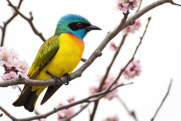 Fototapeta premium A bright and vibrant bird sits atop a tree branch, enjoying the view