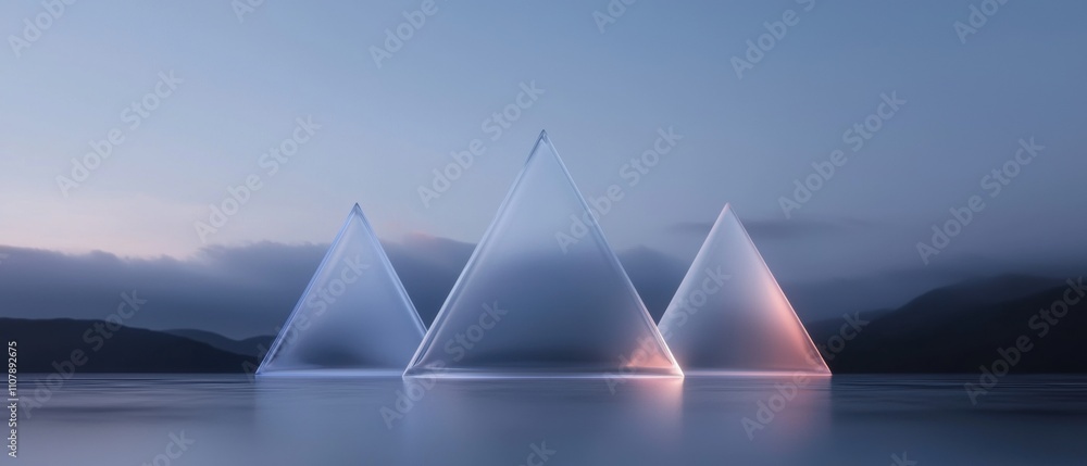 Poster three triangular structures, which appear to be made of glass or a similar material, standing in the